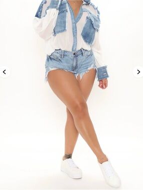 Sheer White Blouse with Light Denim Patch Details